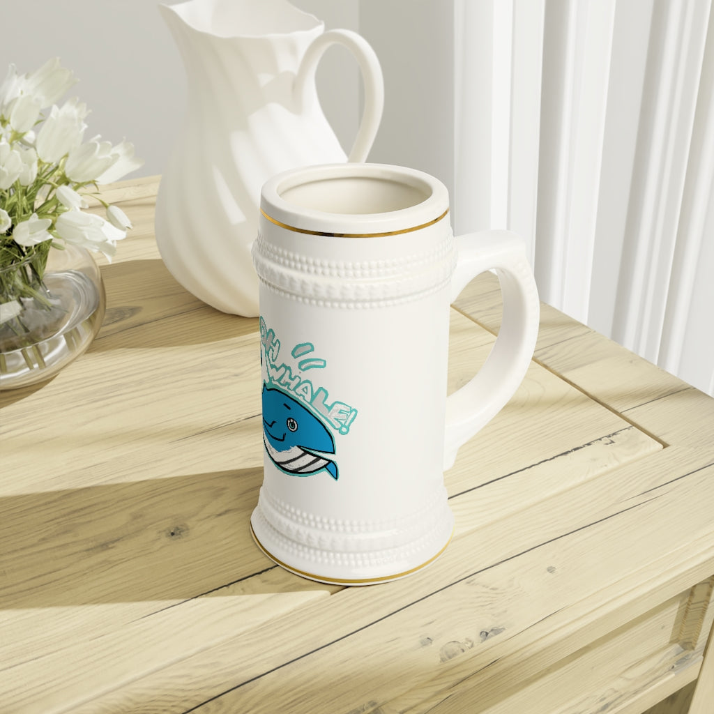 Oh Whale Stein Mug made of durable white ceramic with ribbed outlines, perfect for custom designs.