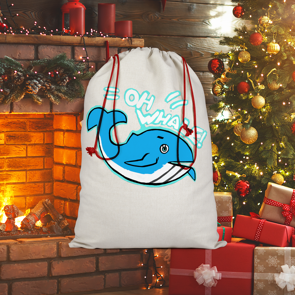 Oh Whale Sublimation Linen Drawstring Sack with red drawstring, featuring eco-friendly print, perfect for Christmas gifts and laundry.