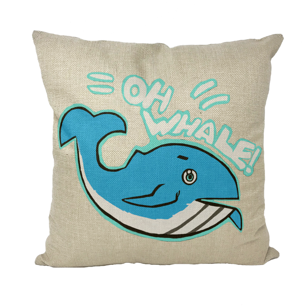 Oh Whale Throw Pillows in various styles including linen, canvas, and suede, showcasing vibrant designs and high-quality materials.