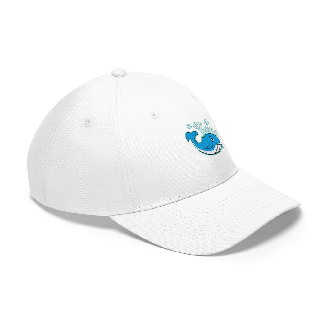 Oh Whale Unisex Twill Hat in cotton twill fabric, featuring a classic 6-panel design and adjustable Velcro closure.