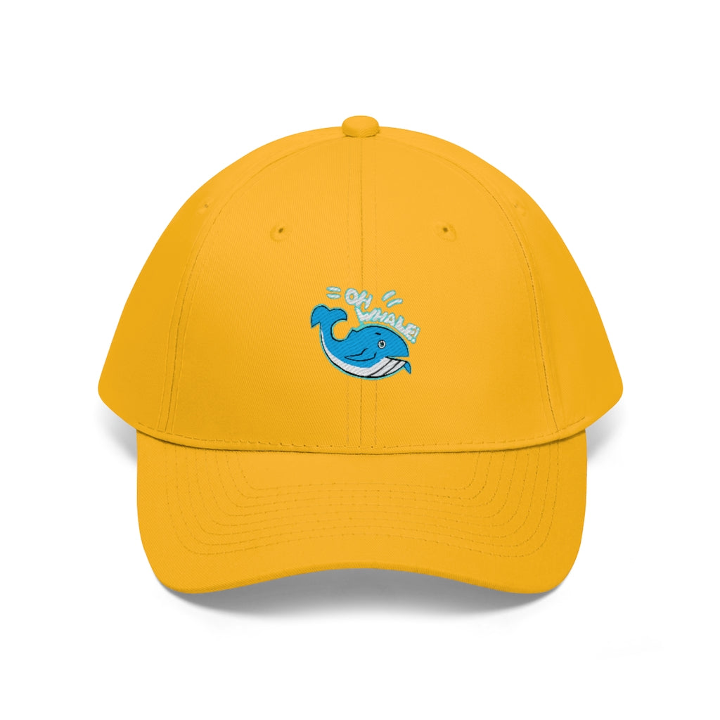 Oh Whale Unisex Twill Hat in cotton twill fabric, featuring a classic 6-panel design and adjustable Velcro closure.