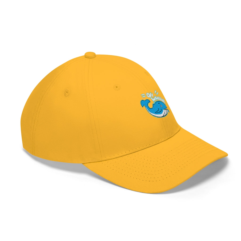 Oh Whale Unisex Twill Hat in cotton twill fabric, featuring a classic 6-panel design and adjustable Velcro closure.