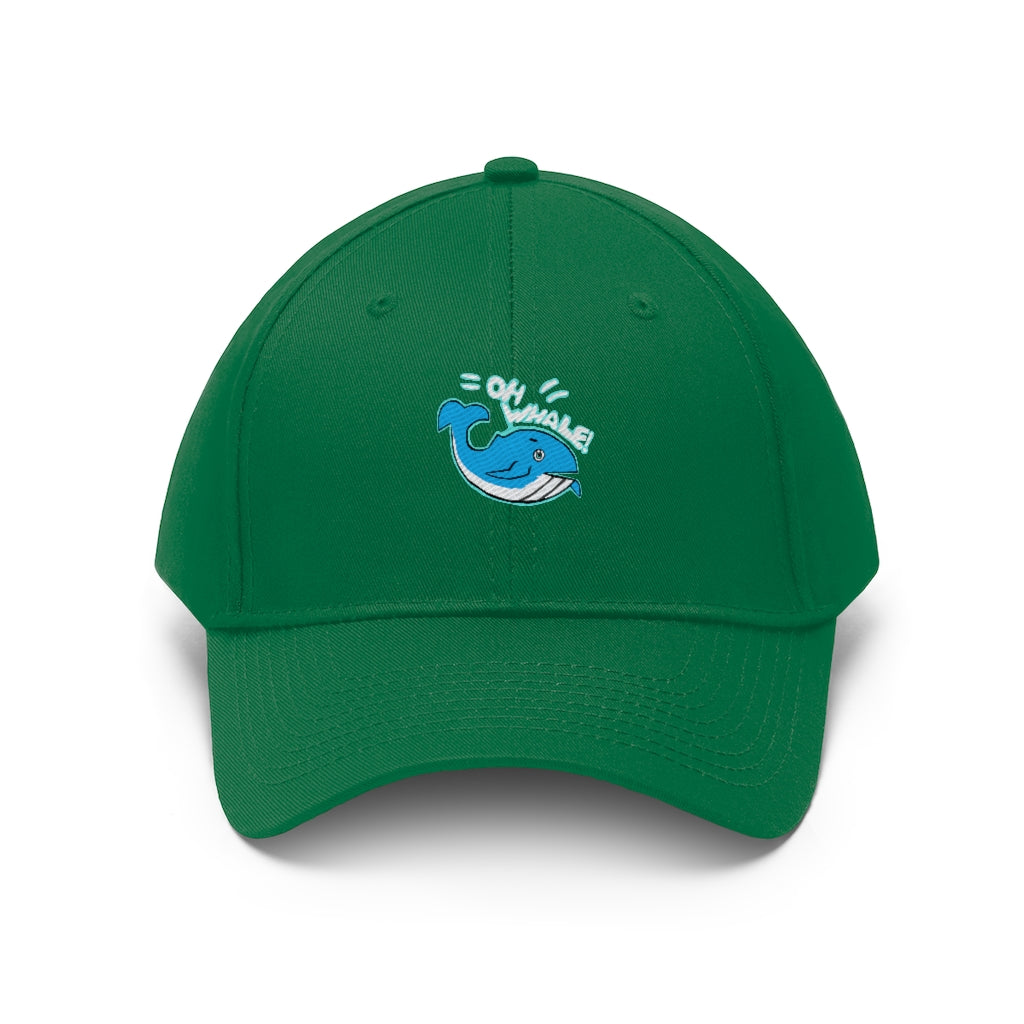 Oh Whale Unisex Twill Hat in cotton twill fabric, featuring a classic 6-panel design and adjustable Velcro closure.