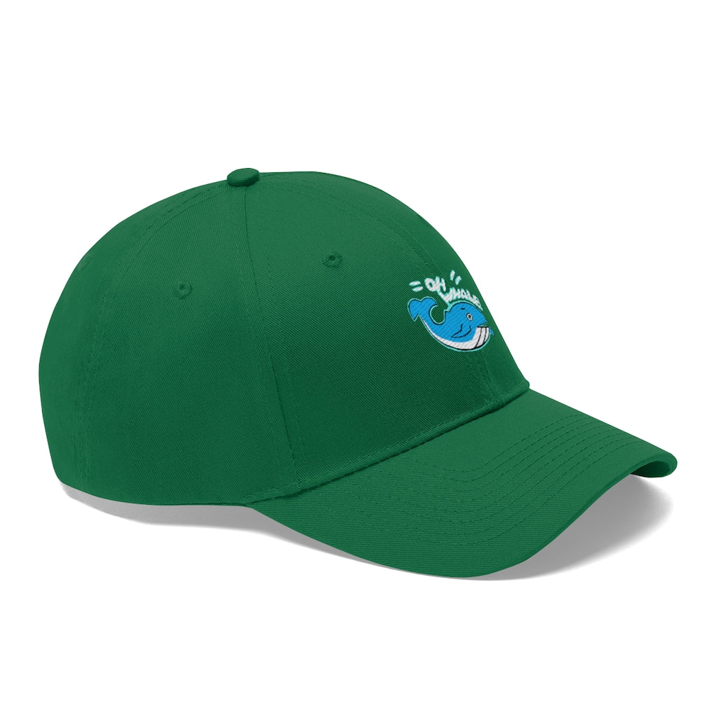 Oh Whale Unisex Twill Hat in cotton twill fabric, featuring a classic 6-panel design and adjustable Velcro closure.