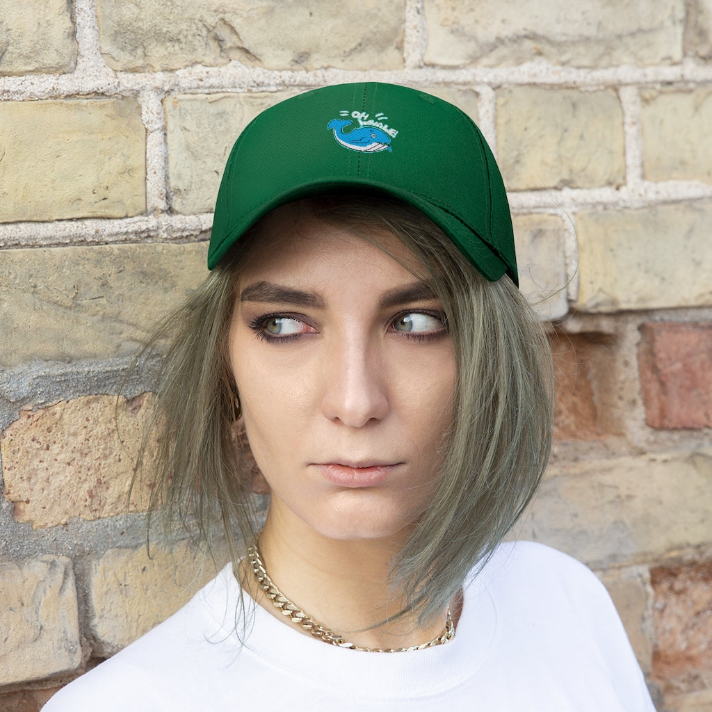 Oh Whale Unisex Twill Hat in cotton twill fabric, featuring a classic 6-panel design and adjustable Velcro closure.