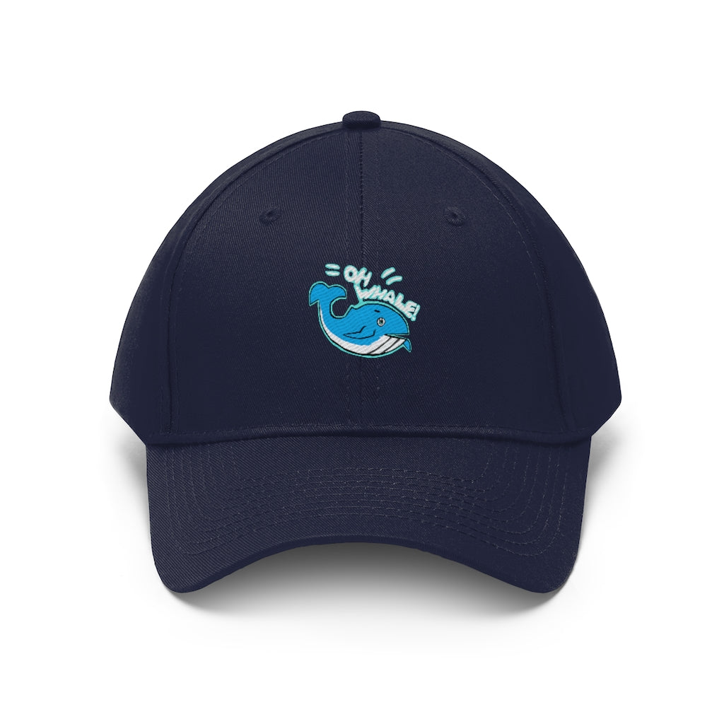 Oh Whale Unisex Twill Hat in cotton twill fabric, featuring a classic 6-panel design and adjustable Velcro closure.