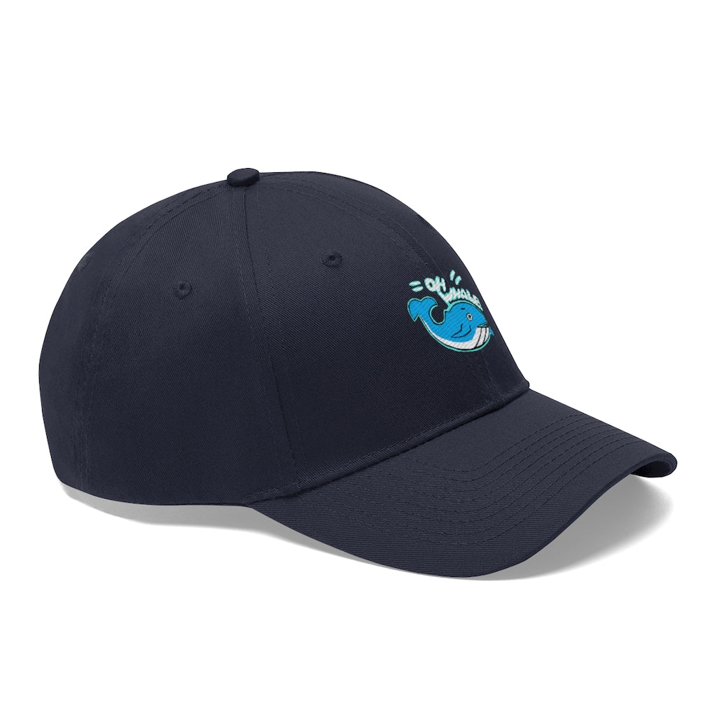 Oh Whale Unisex Twill Hat in cotton twill fabric, featuring a classic 6-panel design and adjustable Velcro closure.