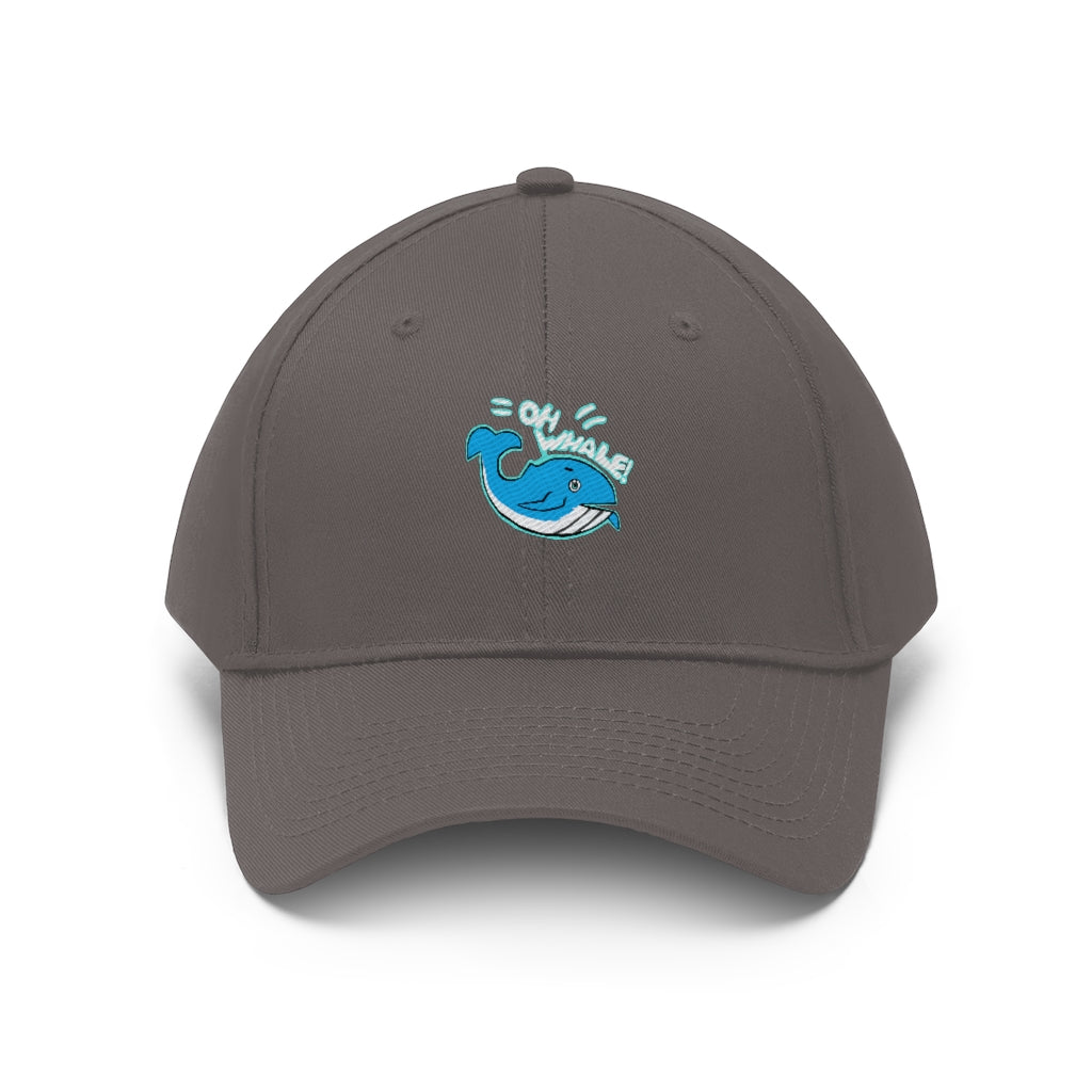 Oh Whale Unisex Twill Hat in cotton twill fabric, featuring a classic 6-panel design and adjustable Velcro closure.