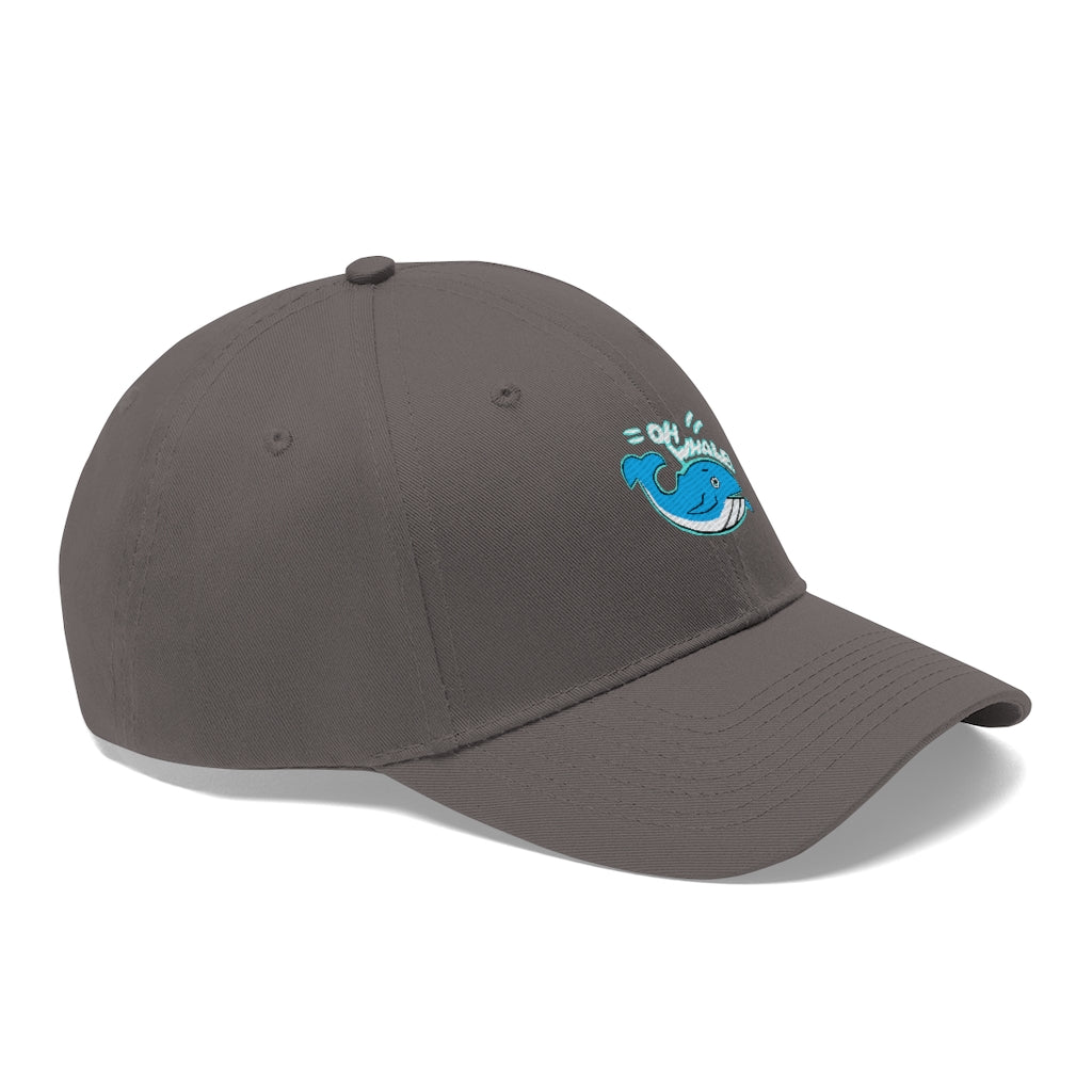 Oh Whale Unisex Twill Hat in cotton twill fabric, featuring a classic 6-panel design and adjustable Velcro closure.