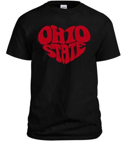 Ohio State LOVE shirt featuring bold lettering and vibrant colors, perfect for fans.