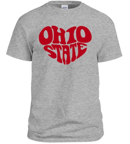 Ohio State LOVE shirt featuring bold lettering and vibrant colors, perfect for fans.