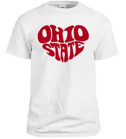 Ohio State LOVE shirt featuring bold lettering and vibrant colors, perfect for fans.