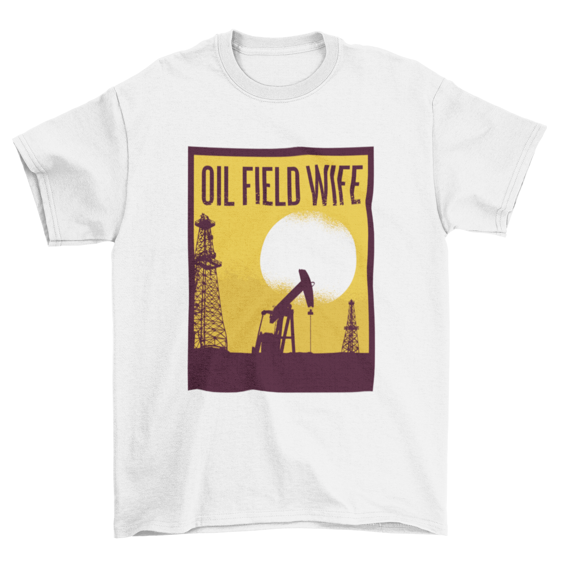 A stylish graphic t-shirt featuring an oil field design and the text 'OIL FIELD WIFE', perfect for casual wear.