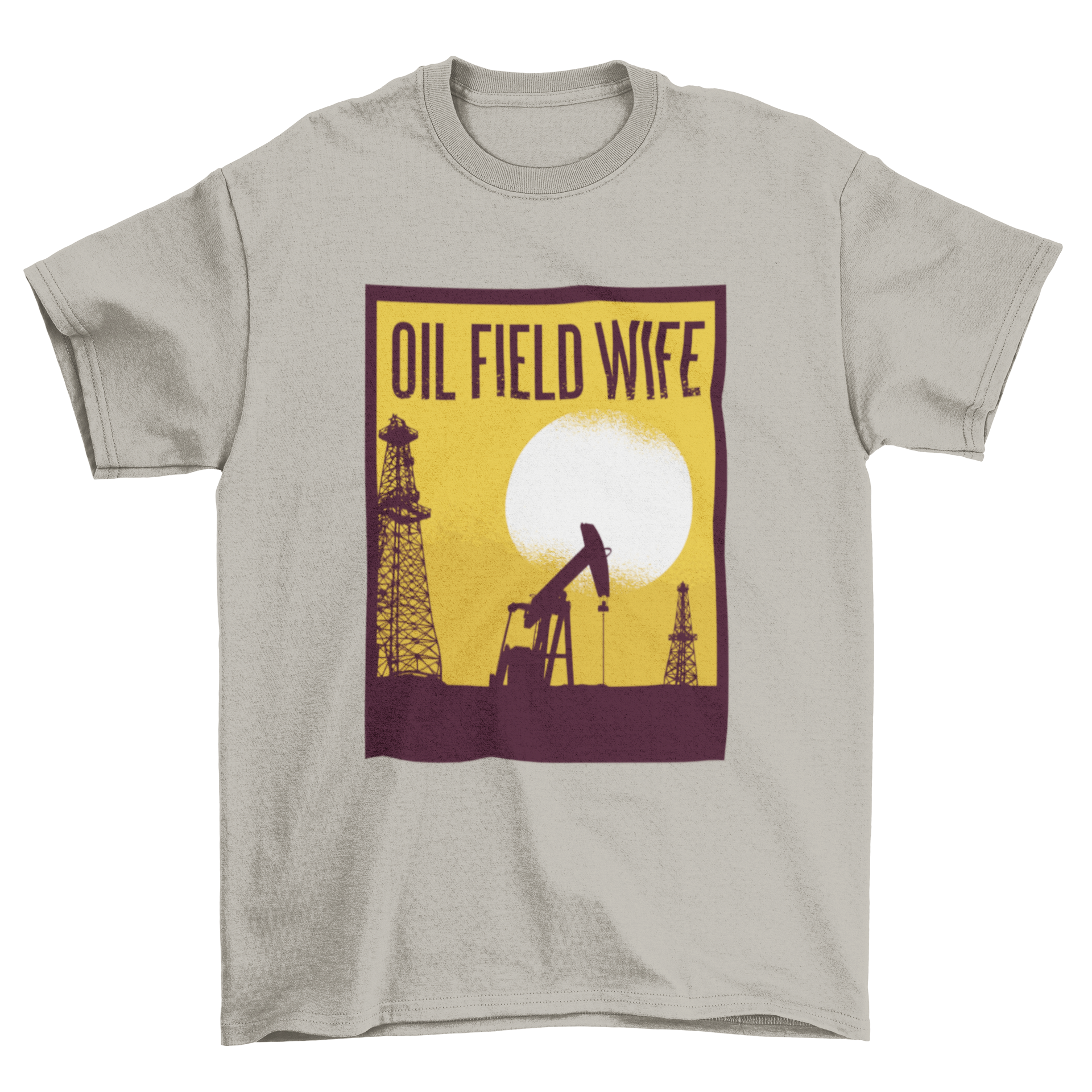 A stylish graphic t-shirt featuring an oil field design and the text 'OIL FIELD WIFE', perfect for casual wear.