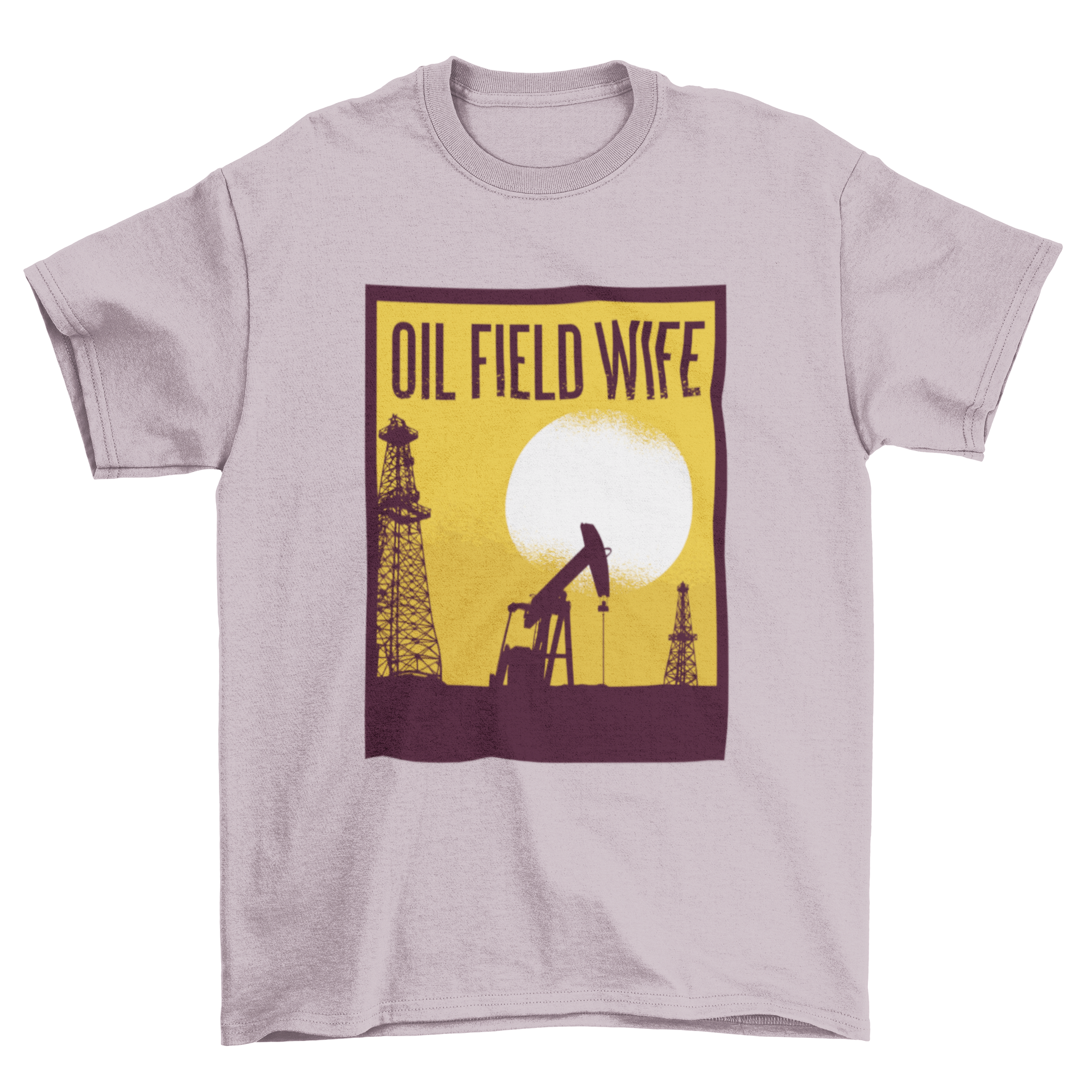 A stylish graphic t-shirt featuring an oil field design and the text 'OIL FIELD WIFE', perfect for casual wear.