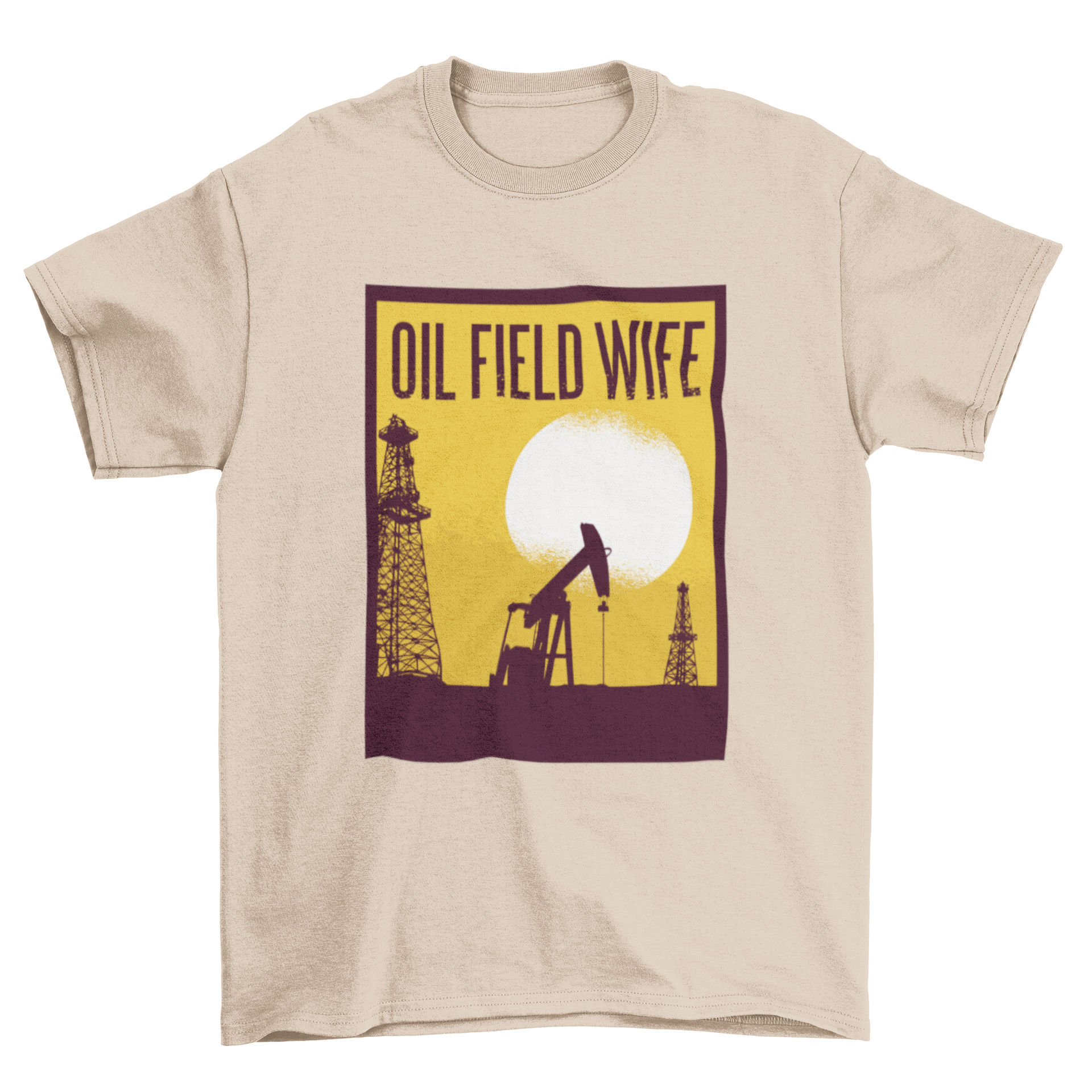 A stylish graphic t-shirt featuring an oil field design and the text 'OIL FIELD WIFE', perfect for casual wear.