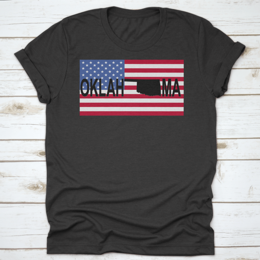 Oklahoma Text Map on American Flag Shirt showcasing vibrant colors and unique design, perfect for expressing state pride.