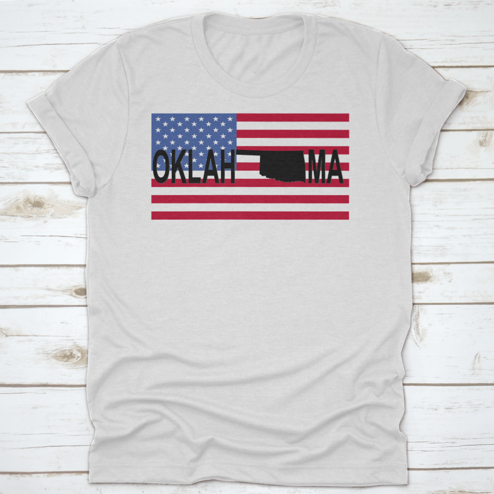 Oklahoma Text Map on American Flag Shirt showcasing vibrant colors and unique design, perfect for expressing state pride.