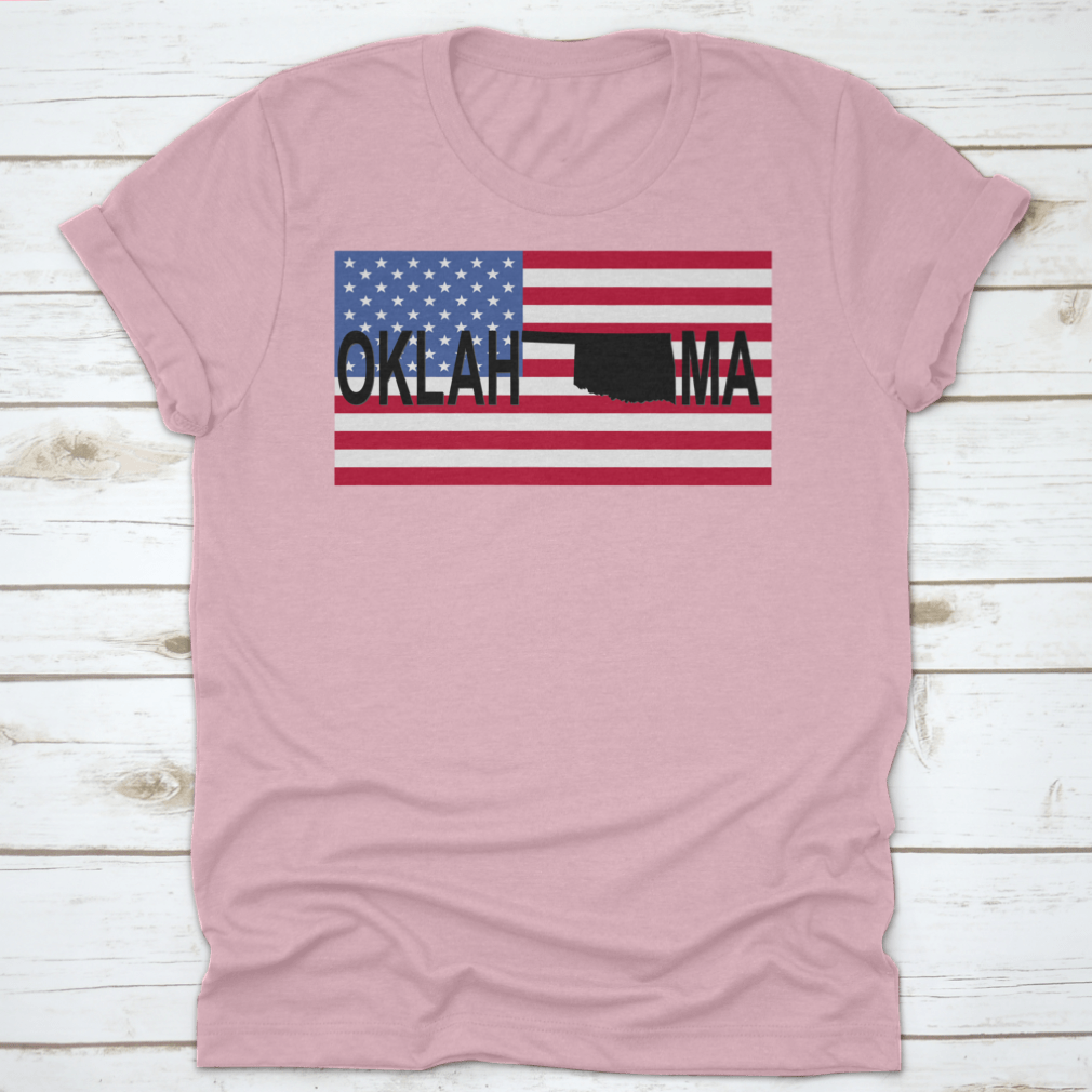 Oklahoma Text Map on American Flag Shirt showcasing vibrant colors and unique design, perfect for expressing state pride.