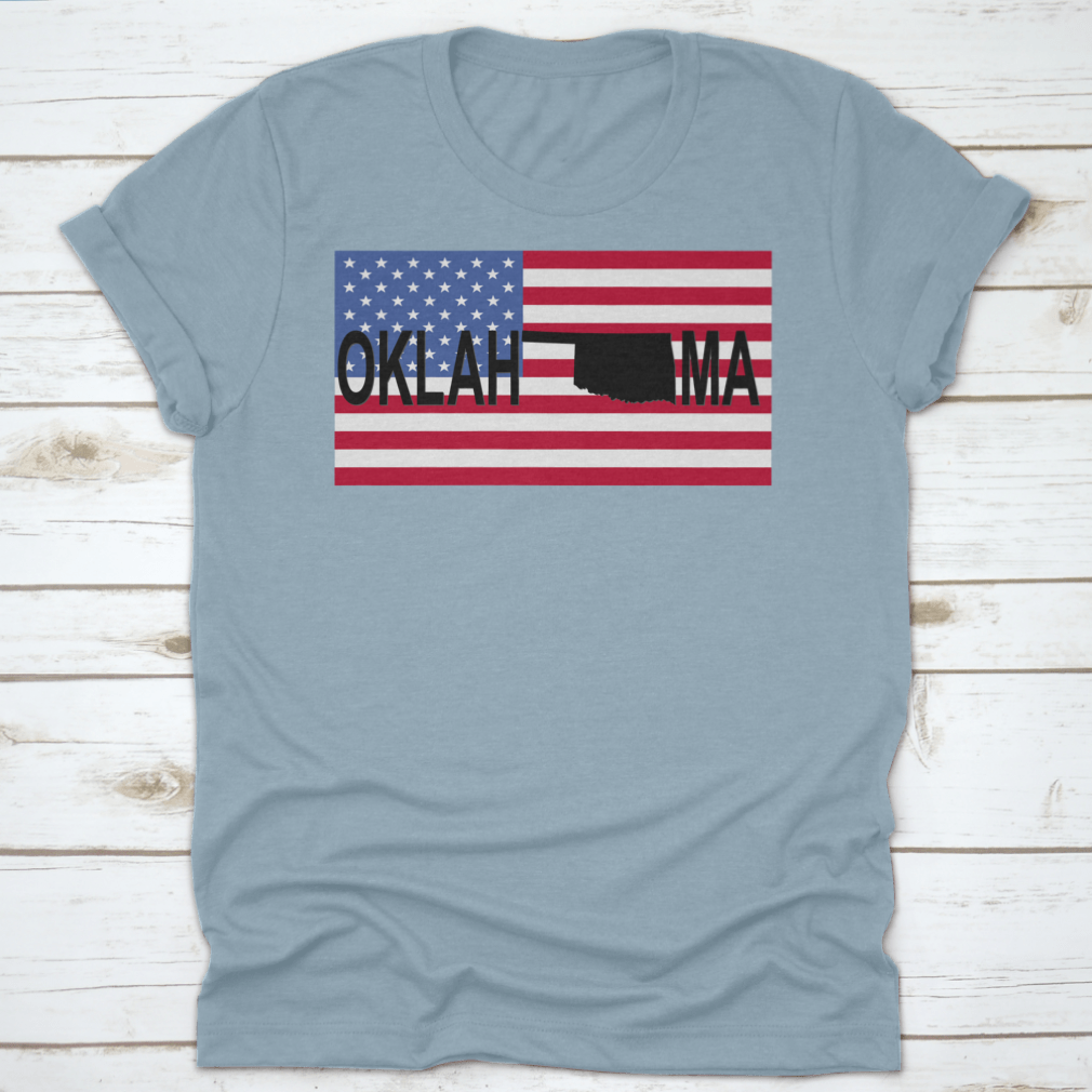 Oklahoma Text Map on American Flag Shirt showcasing vibrant colors and unique design, perfect for expressing state pride.