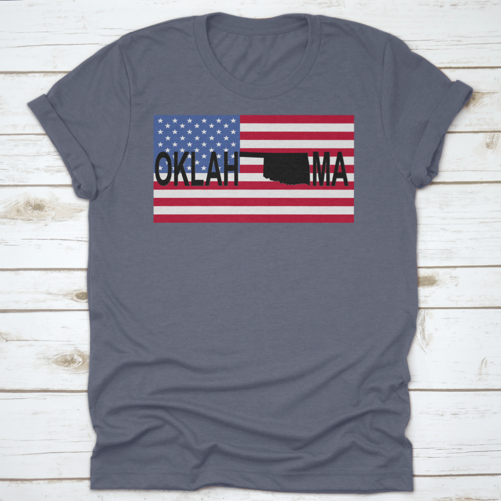 Oklahoma Text Map on American Flag Shirt showcasing vibrant colors and unique design, perfect for expressing state pride.