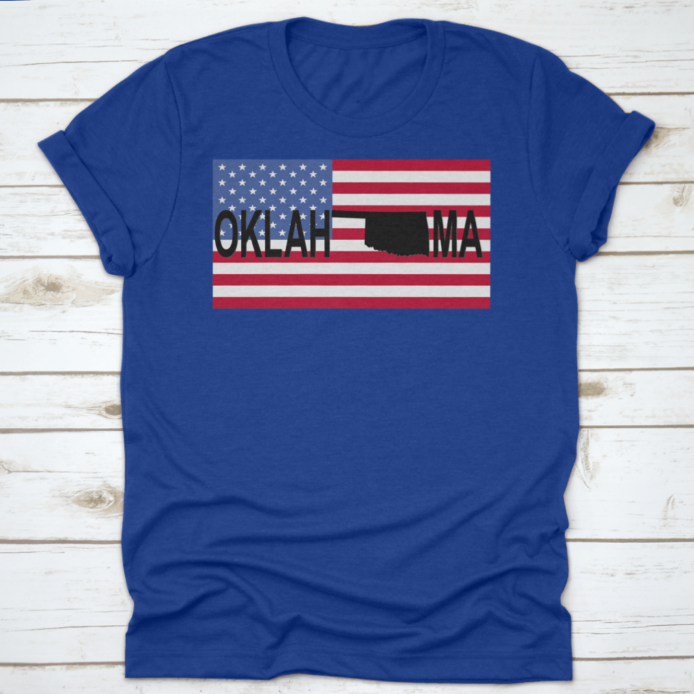 Oklahoma Text Map on American Flag Shirt showcasing vibrant colors and unique design, perfect for expressing state pride.