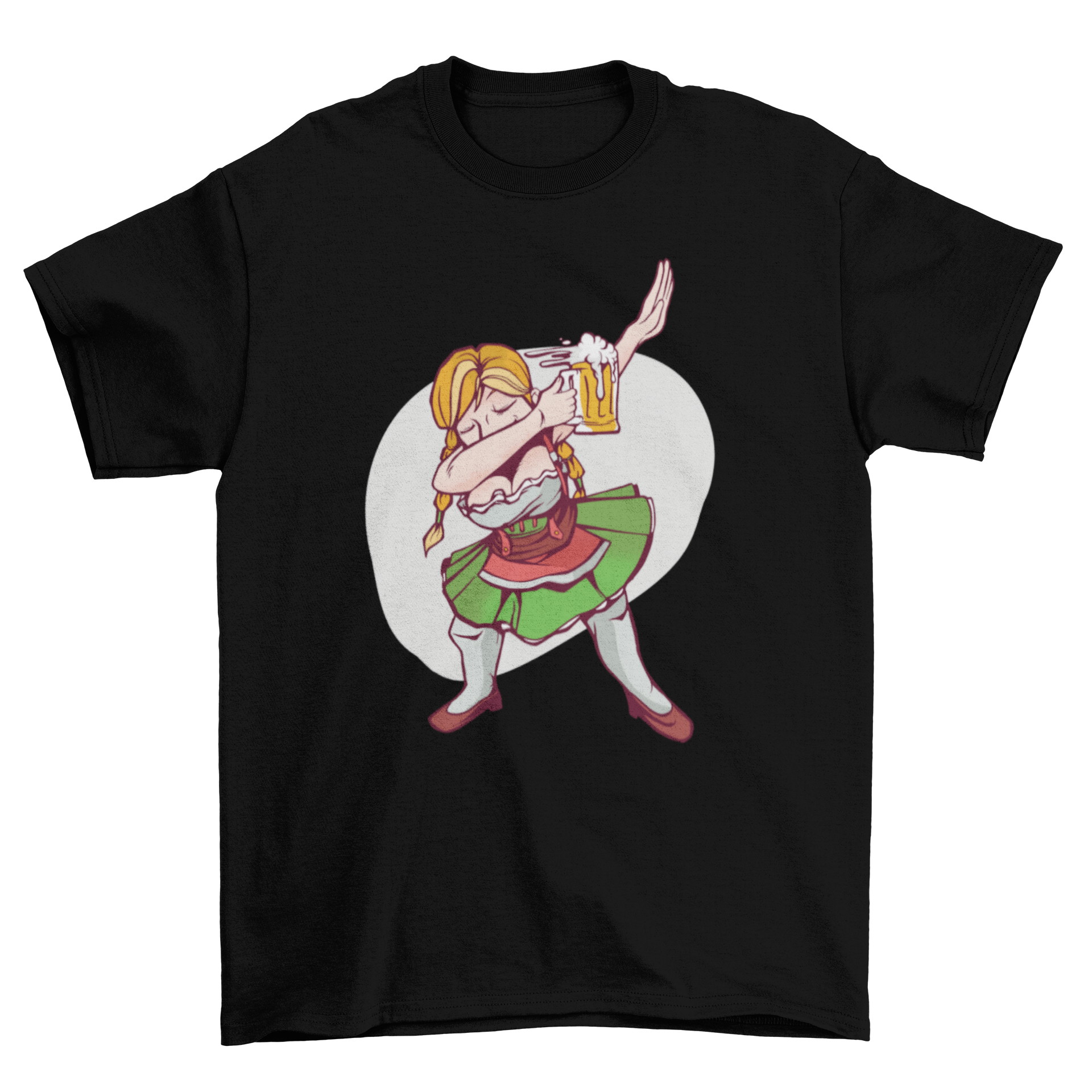 Oktoberfest Girl Dabbing T-shirt featuring a girl in a dirndl dress holding a beer glass, showcasing a fun and festive design.