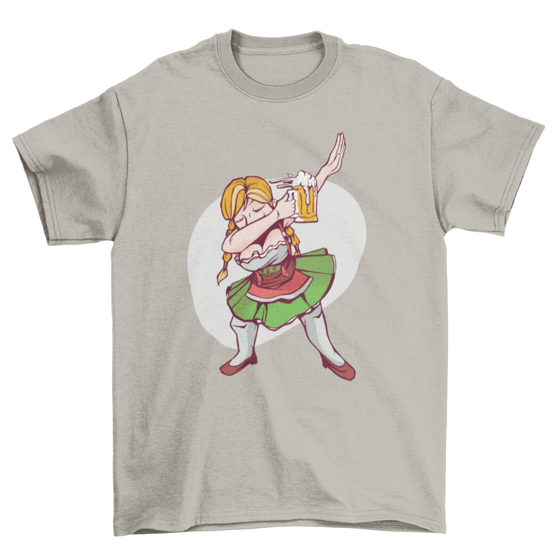 Oktoberfest Girl Dabbing T-shirt featuring a girl in a dirndl dress holding a beer glass, showcasing a fun and festive design.