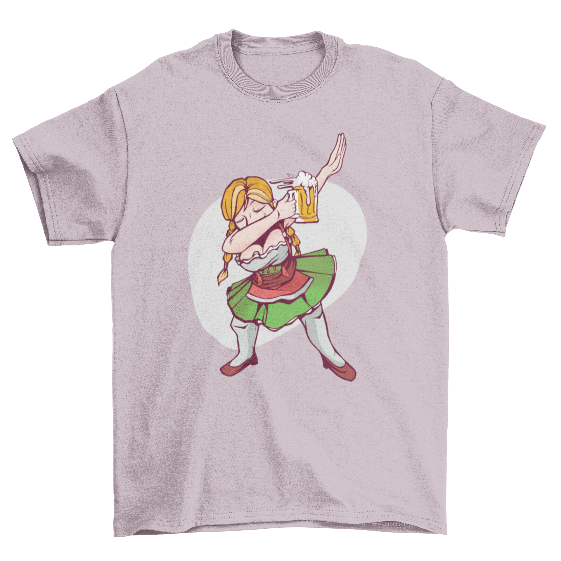 Oktoberfest Girl Dabbing T-shirt featuring a girl in a dirndl dress holding a beer glass, showcasing a fun and festive design.