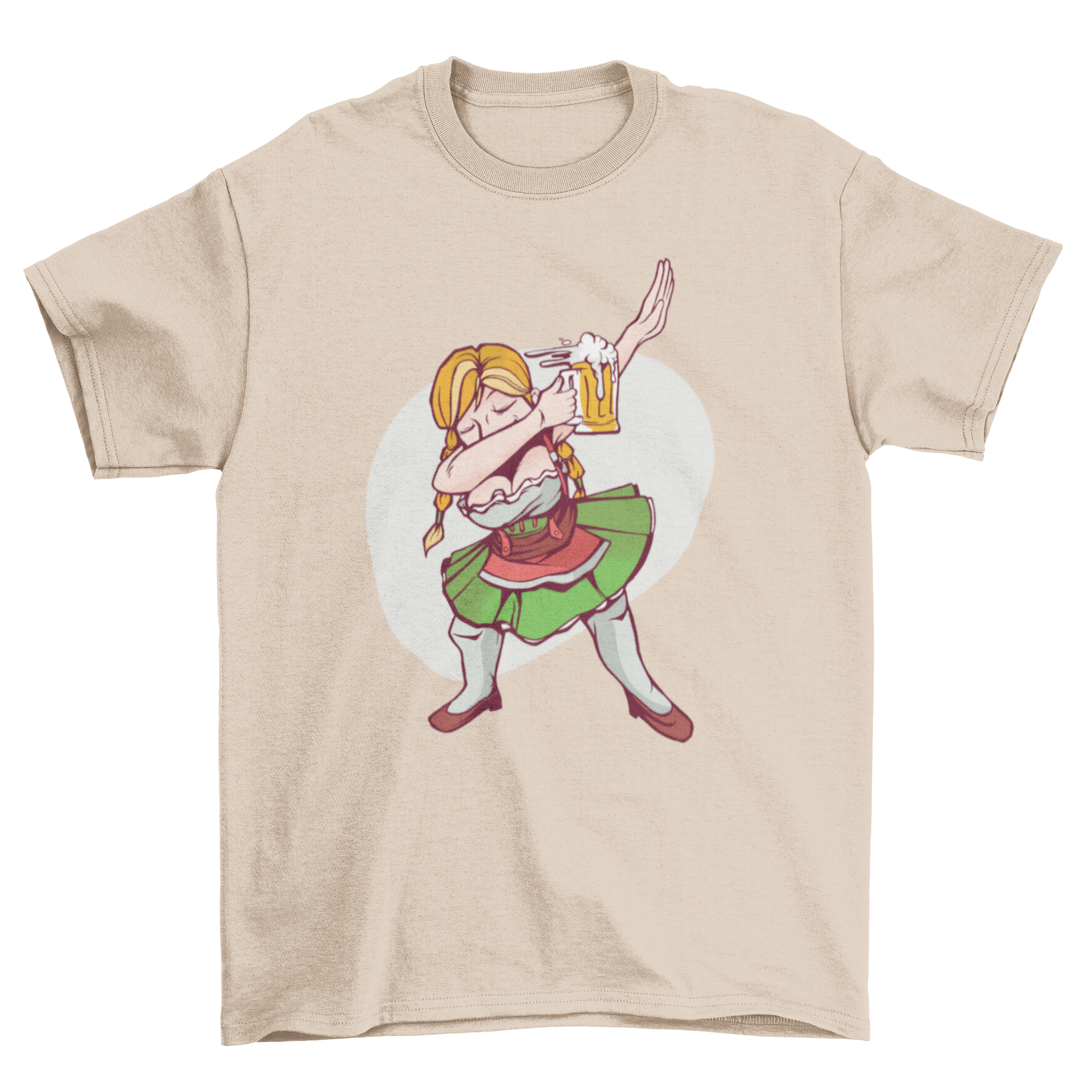 Oktoberfest Girl Dabbing T-shirt featuring a girl in a dirndl dress holding a beer glass, showcasing a fun and festive design.