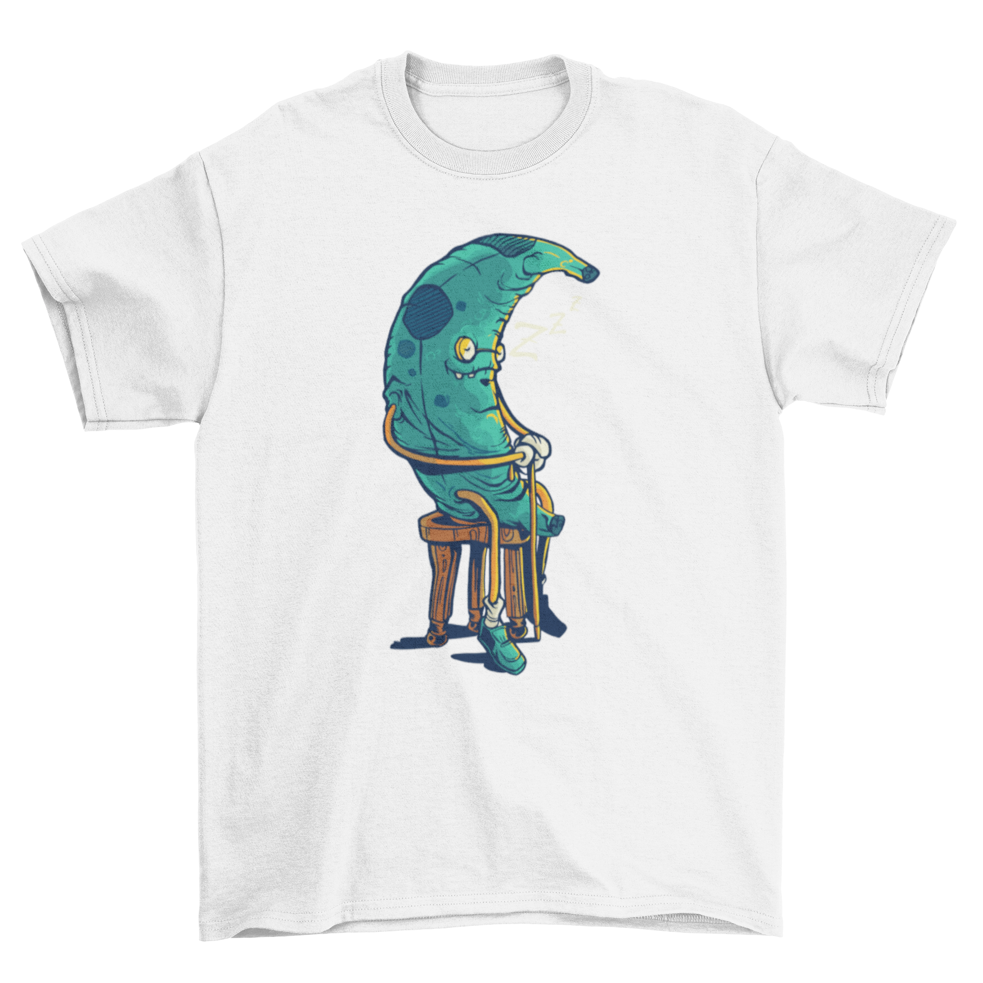 A humorous t-shirt featuring an illustration of an old green banana sleeping, showcasing a fun and quirky design.