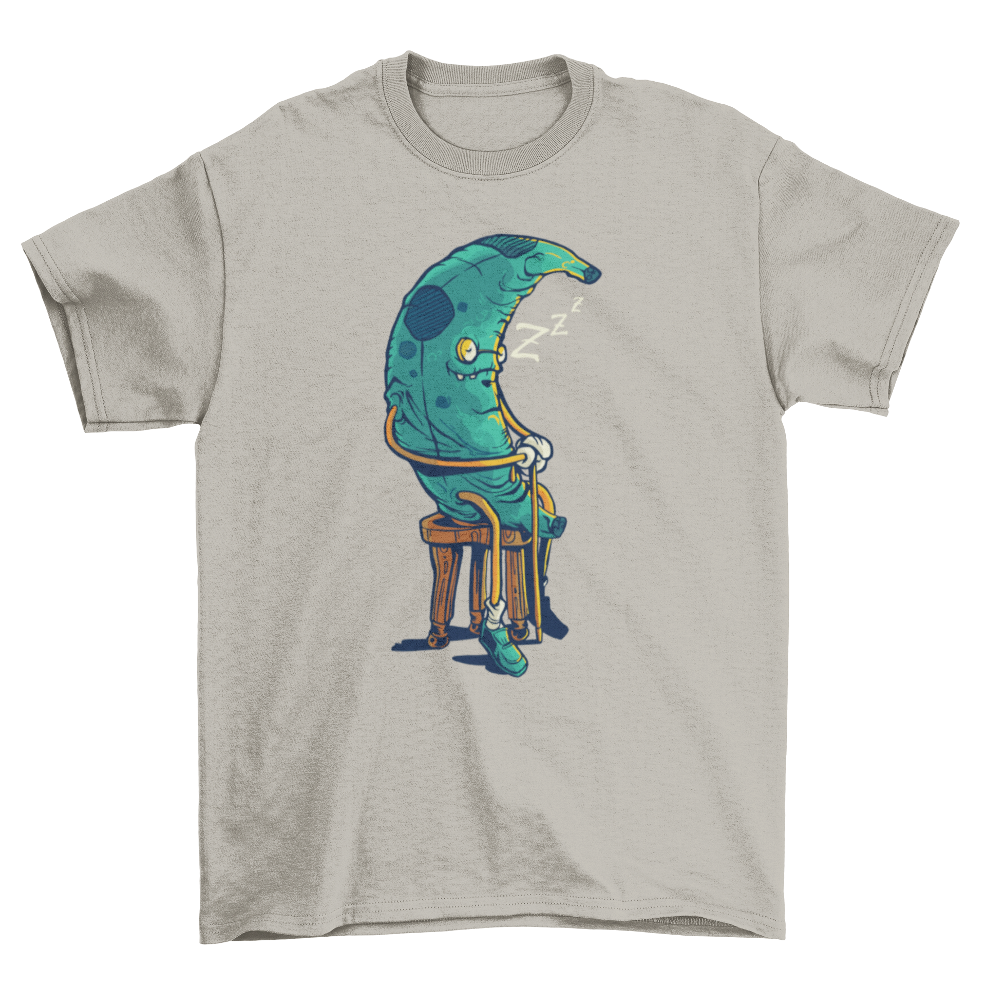 A humorous t-shirt featuring an illustration of an old green banana sleeping, showcasing a fun and quirky design.