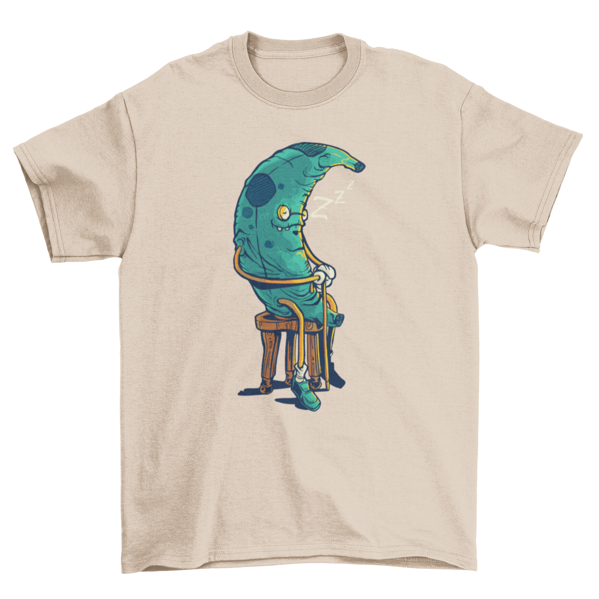 A humorous t-shirt featuring an illustration of an old green banana sleeping, showcasing a fun and quirky design.