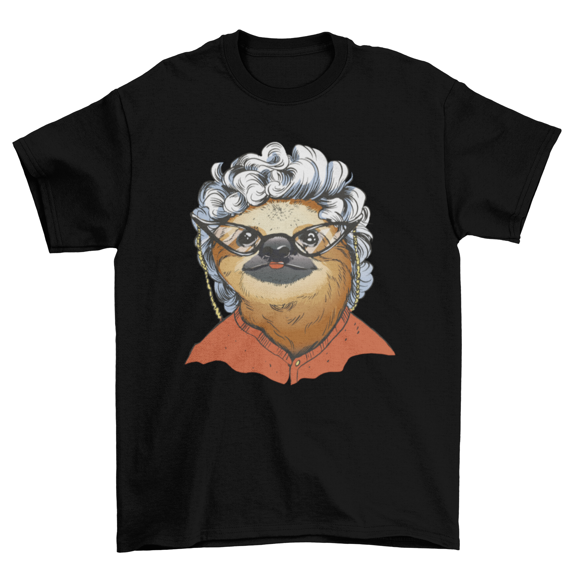 A whimsical t-shirt design featuring a sloth dressed as an old lady with a wig and glasses, showcasing a fun and quirky style.