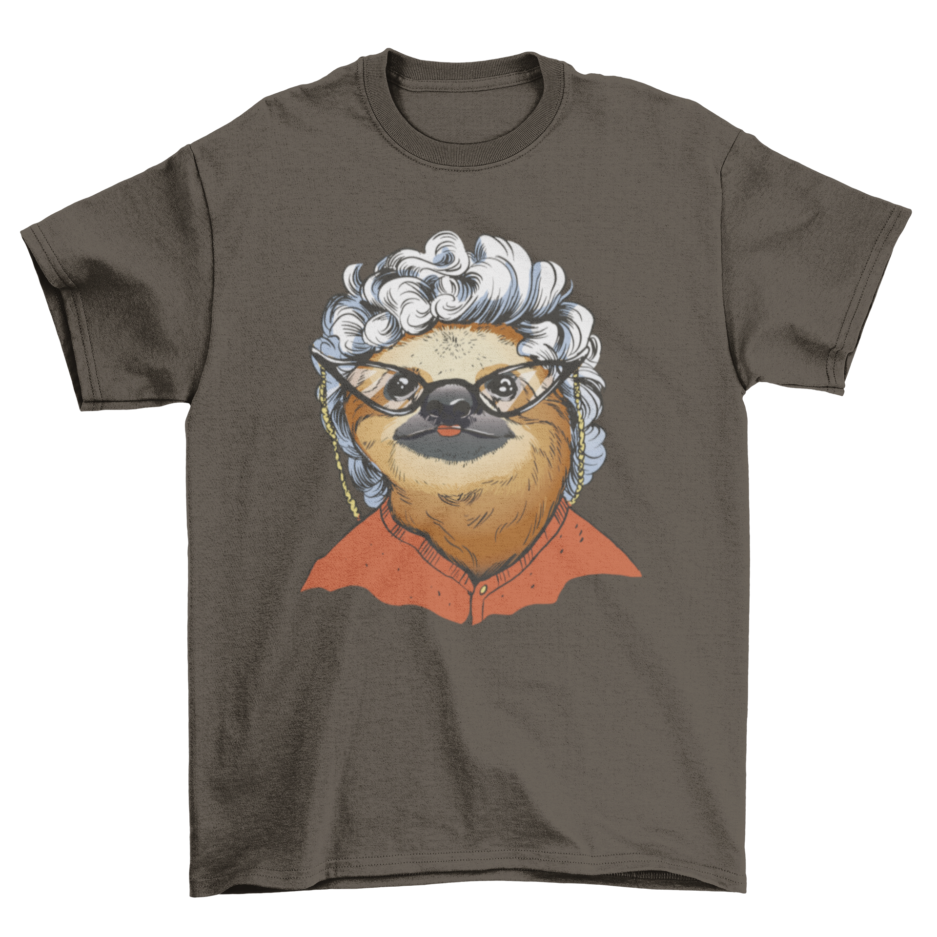 A whimsical t-shirt design featuring a sloth dressed as an old lady with a wig and glasses, showcasing a fun and quirky style.