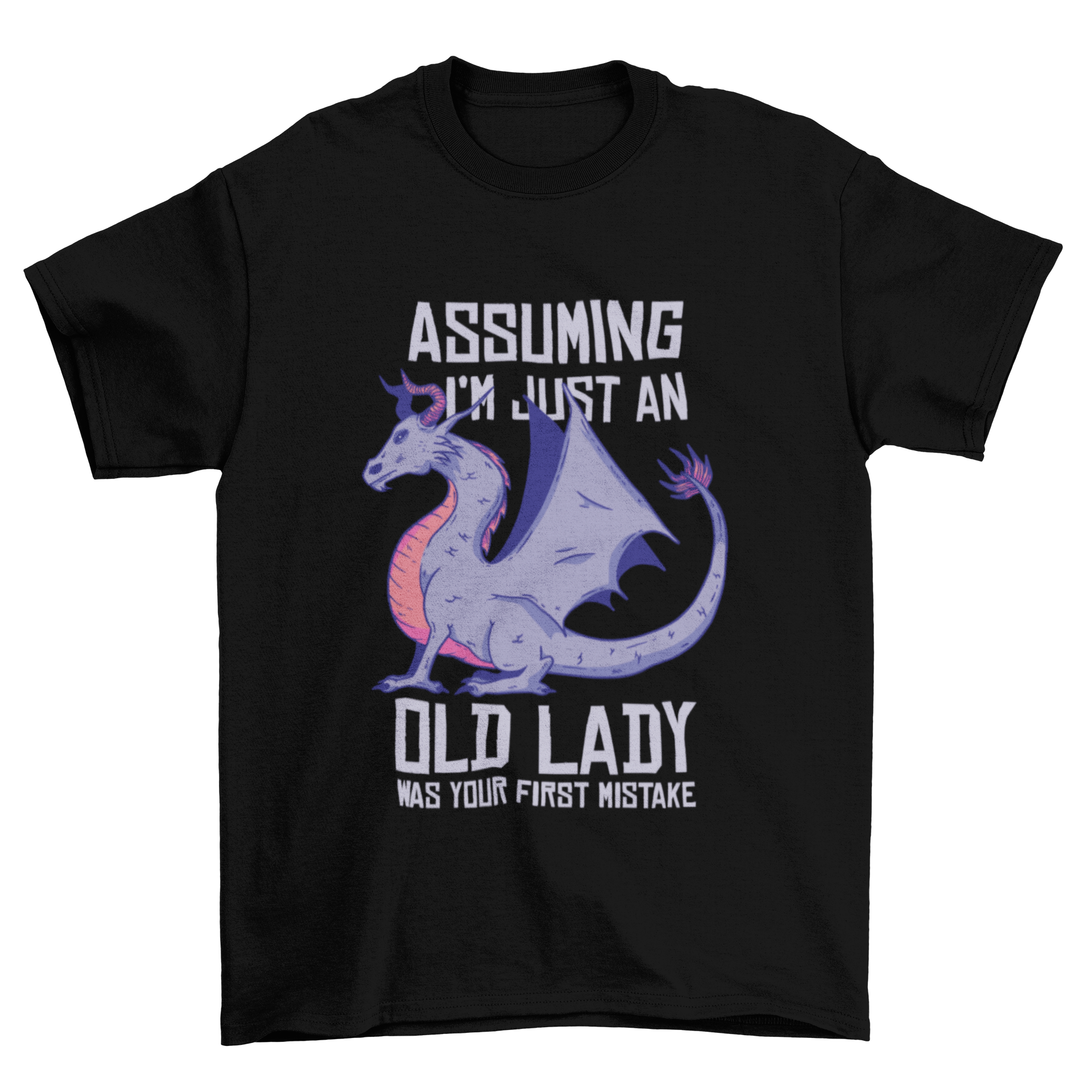 Old Lady T-shirt featuring a dragon illustration and humorous lettering, perfect for casual wear.