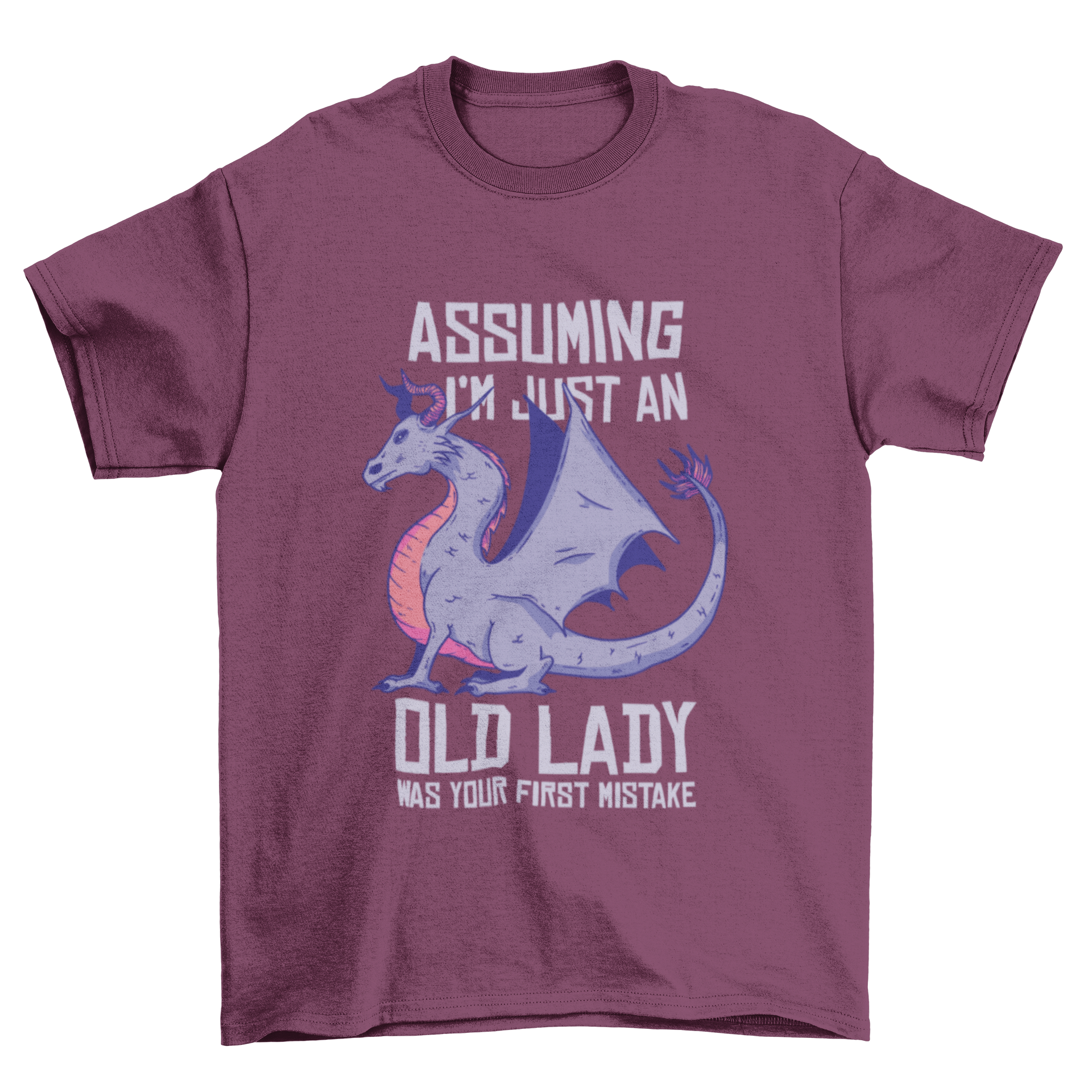 Old Lady T-shirt featuring a dragon illustration and humorous lettering, perfect for casual wear.