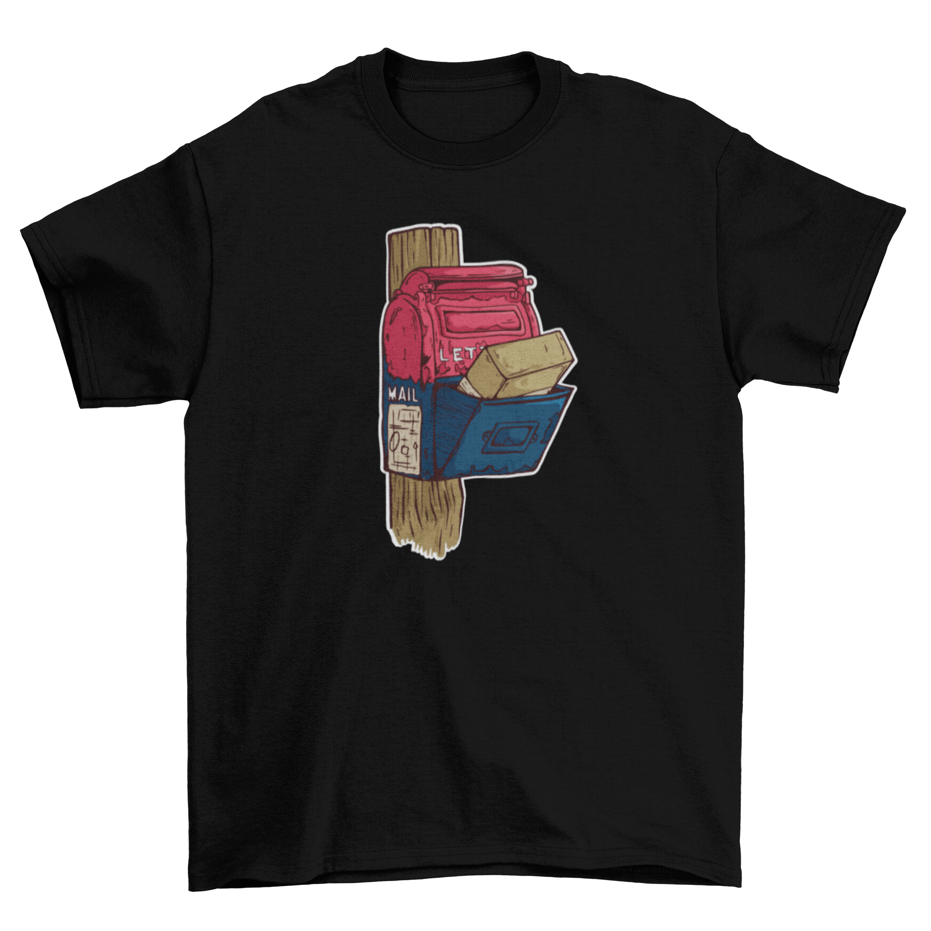 Old mailbox t-shirt featuring a vintage mailbox design with a package inside, perfect for casual wear.