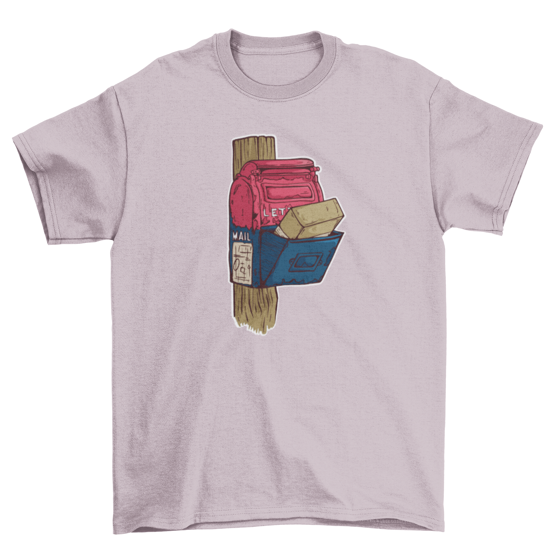 Old mailbox t-shirt featuring a vintage mailbox design with a package inside, perfect for casual wear.