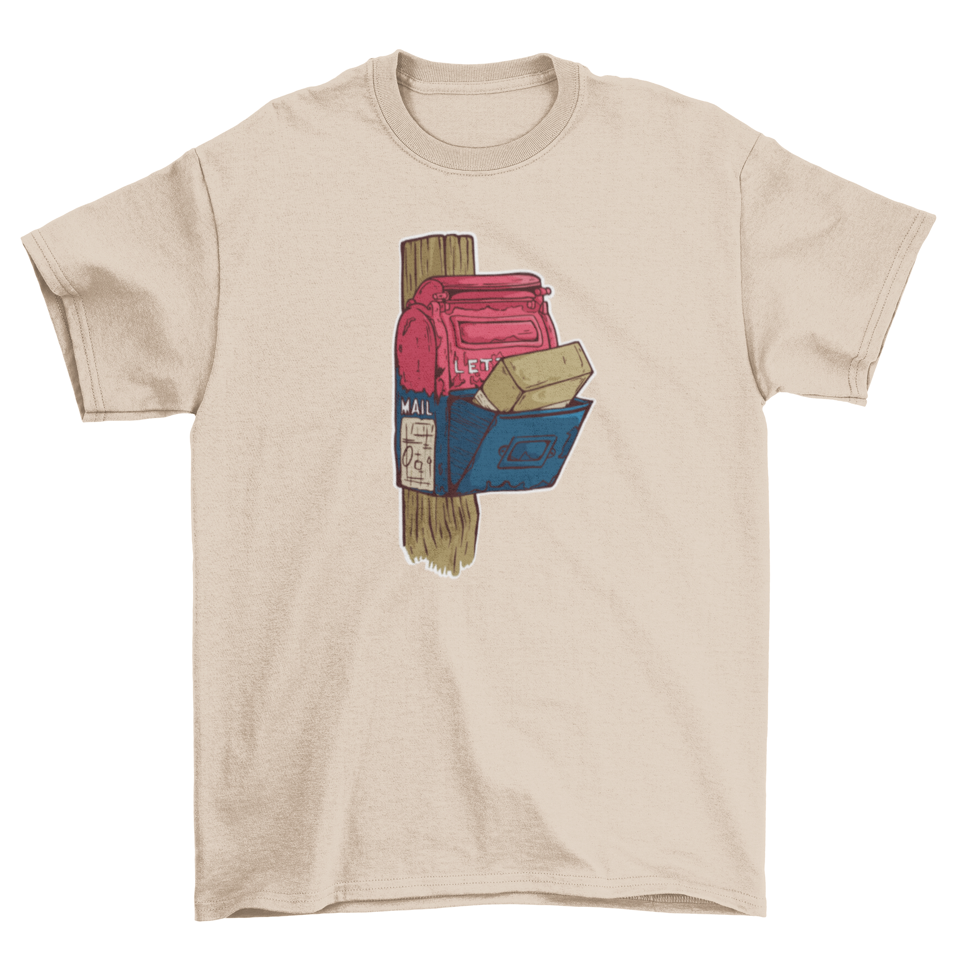 Old mailbox t-shirt featuring a vintage mailbox design with a package inside, perfect for casual wear.