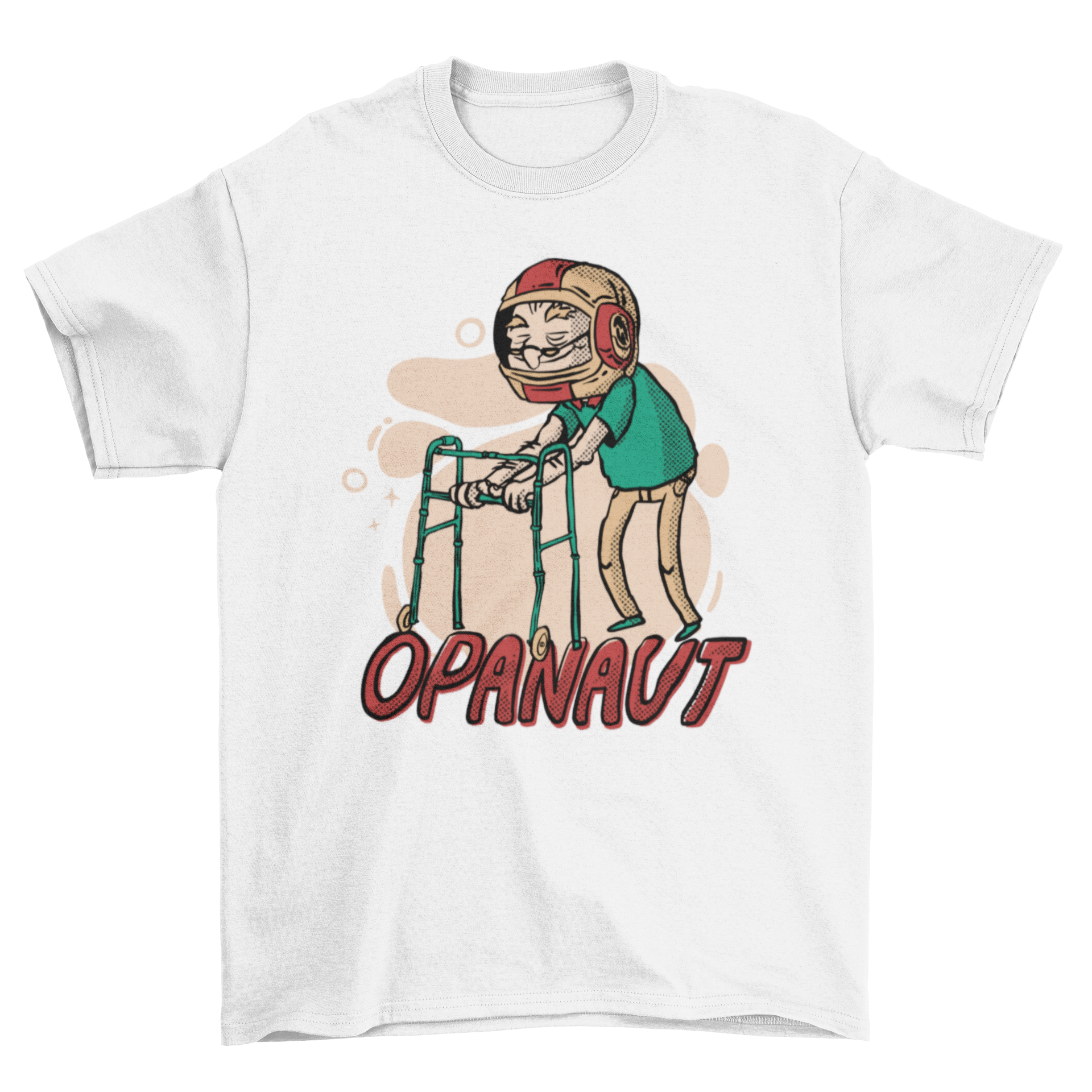 A humorous t-shirt featuring an old man with a walker wearing an astronaut helmet, showcasing a unique and playful design.