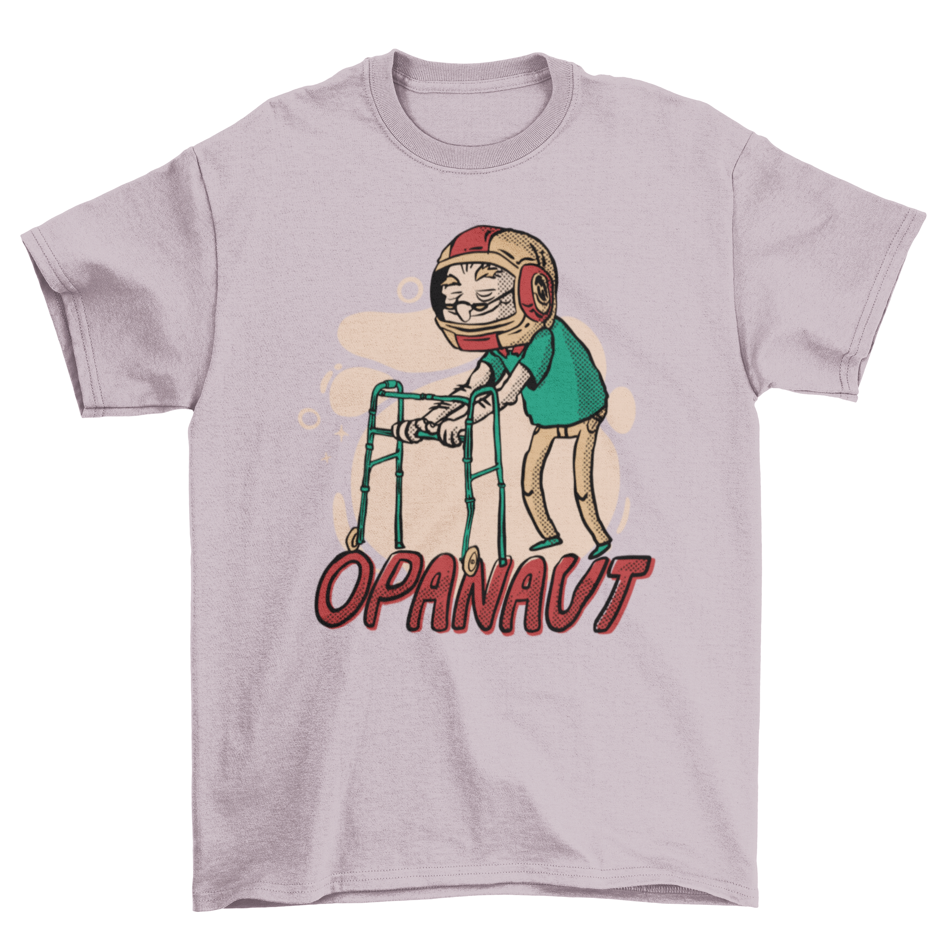 A humorous t-shirt featuring an old man with a walker wearing an astronaut helmet, showcasing a unique and playful design.