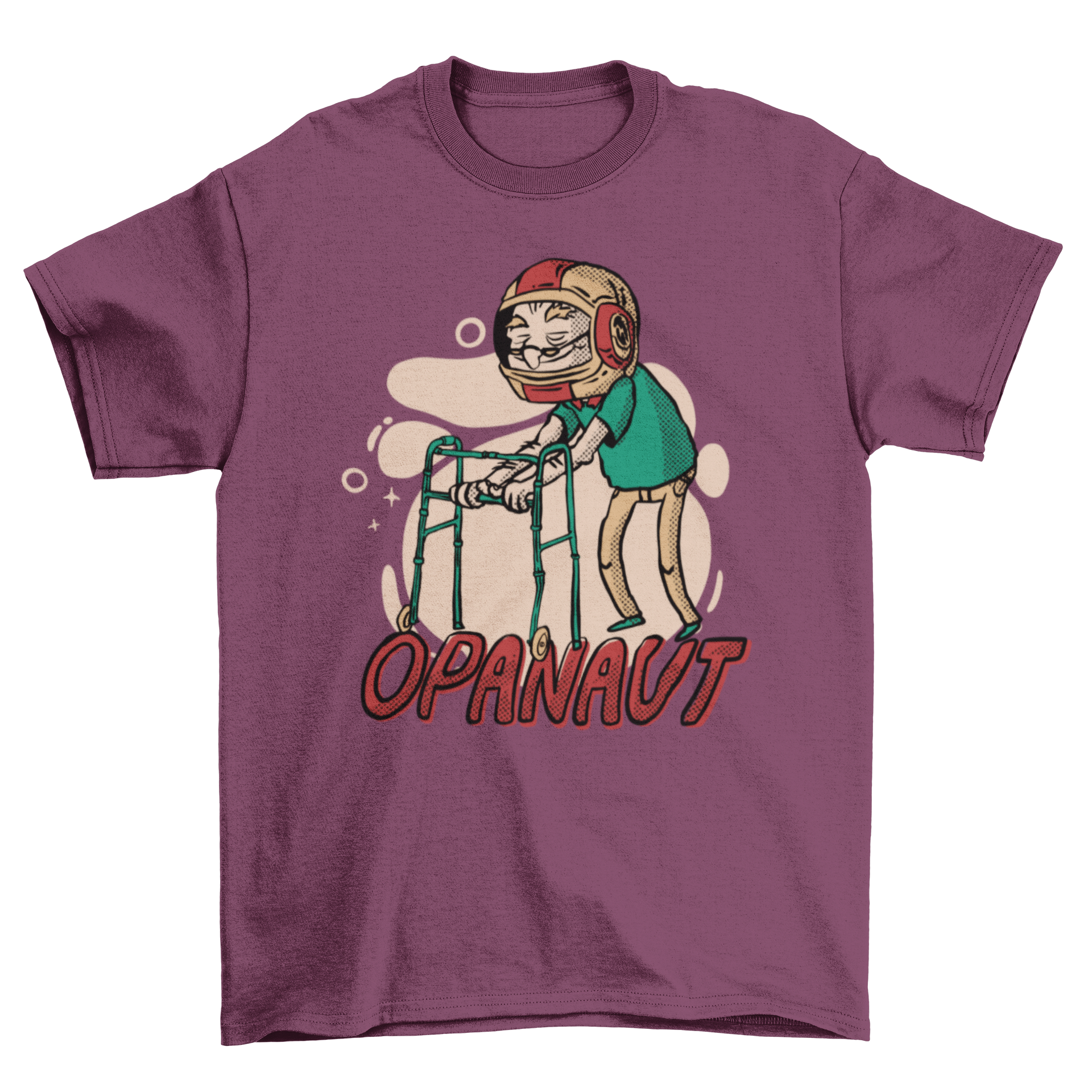 A humorous t-shirt featuring an old man with a walker wearing an astronaut helmet, showcasing a unique and playful design.