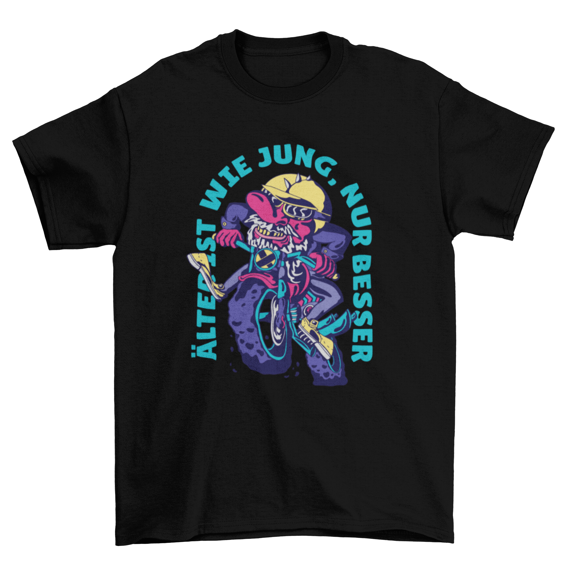 Old man biker t-shirt design featuring an elderly man riding a bike with an inspiring quote.