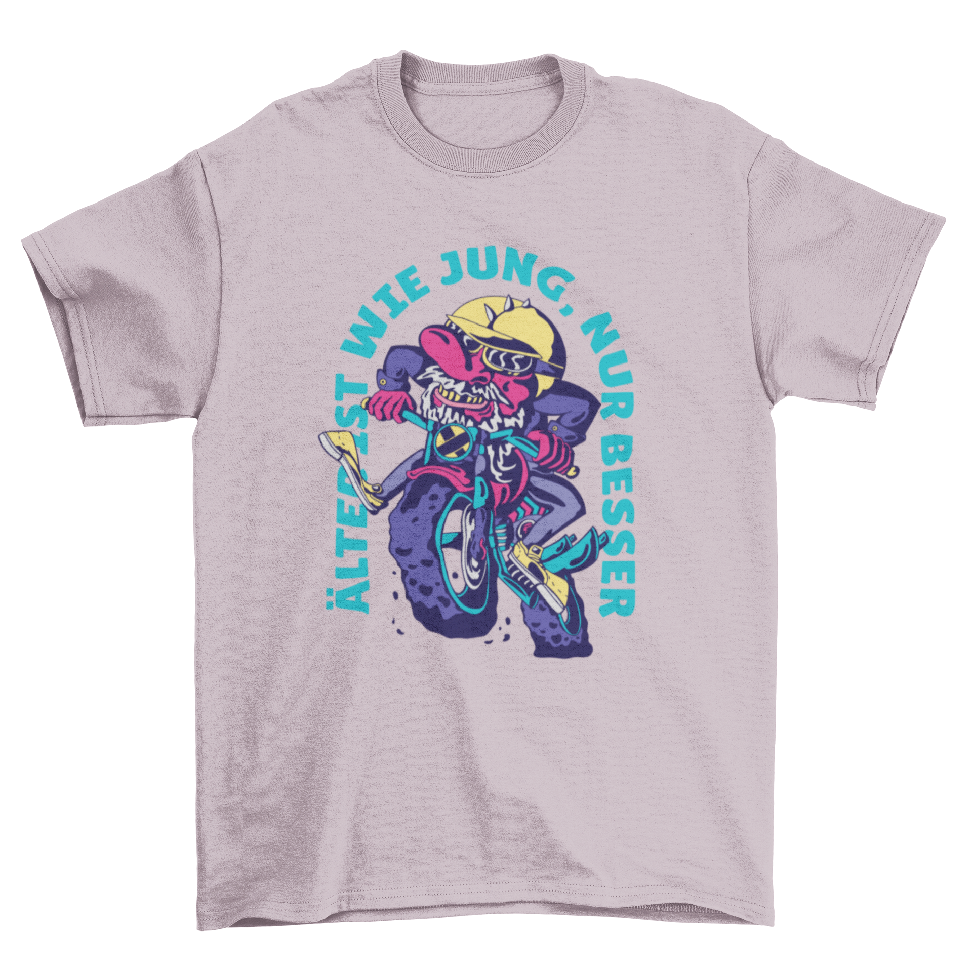 Old man biker t-shirt design featuring an elderly man riding a bike with an inspiring quote.