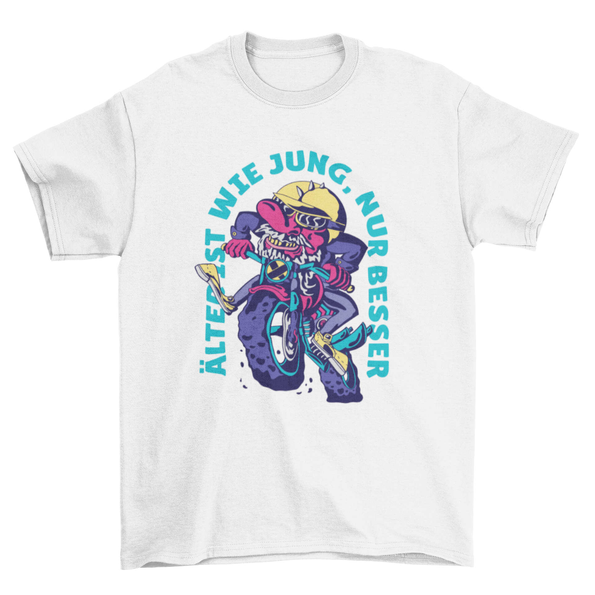 Old man biker t-shirt design featuring an elderly man riding a bike with an inspiring quote.