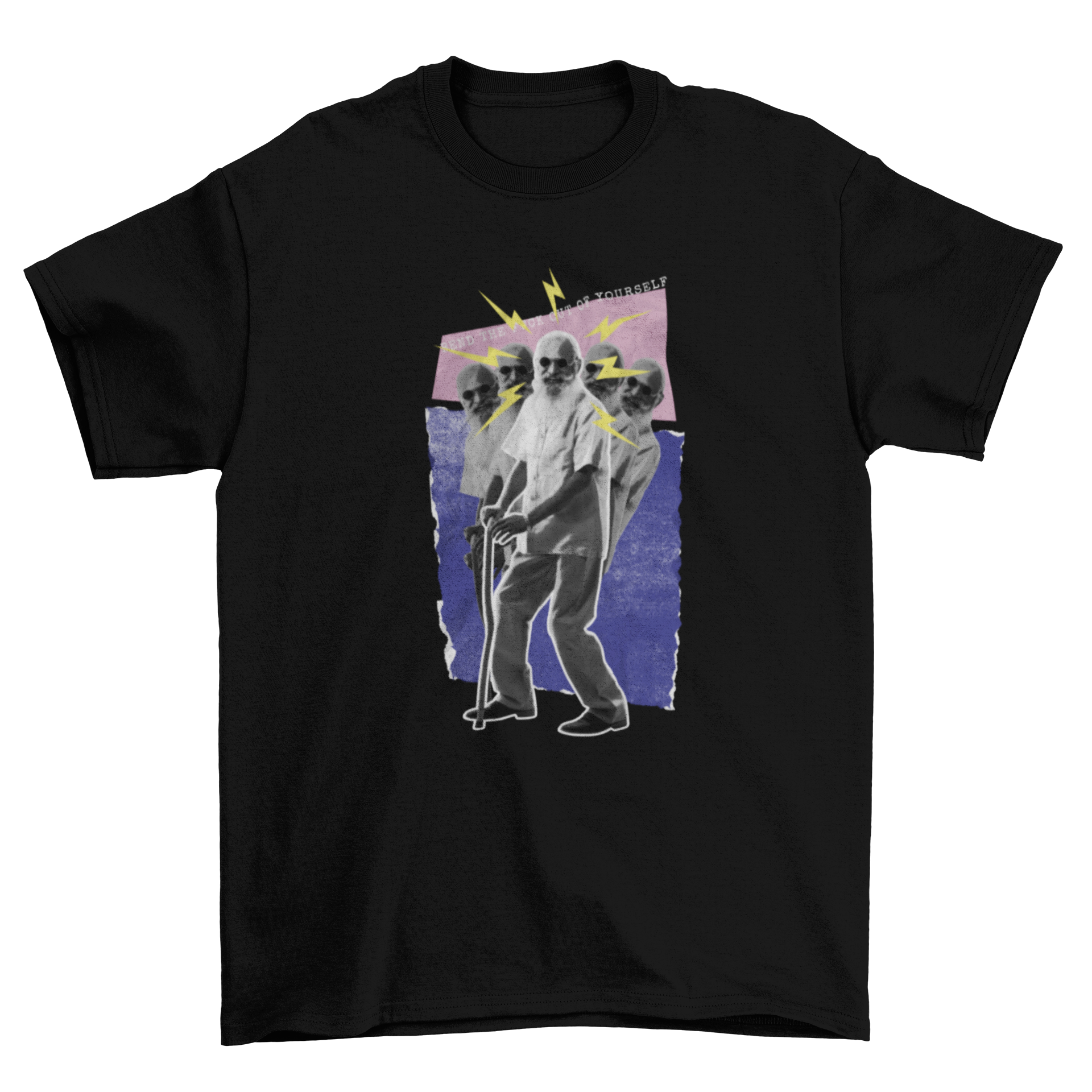 A fun t-shirt featuring an old man dancing with a cane and a humorous quote, perfect for casual wear.