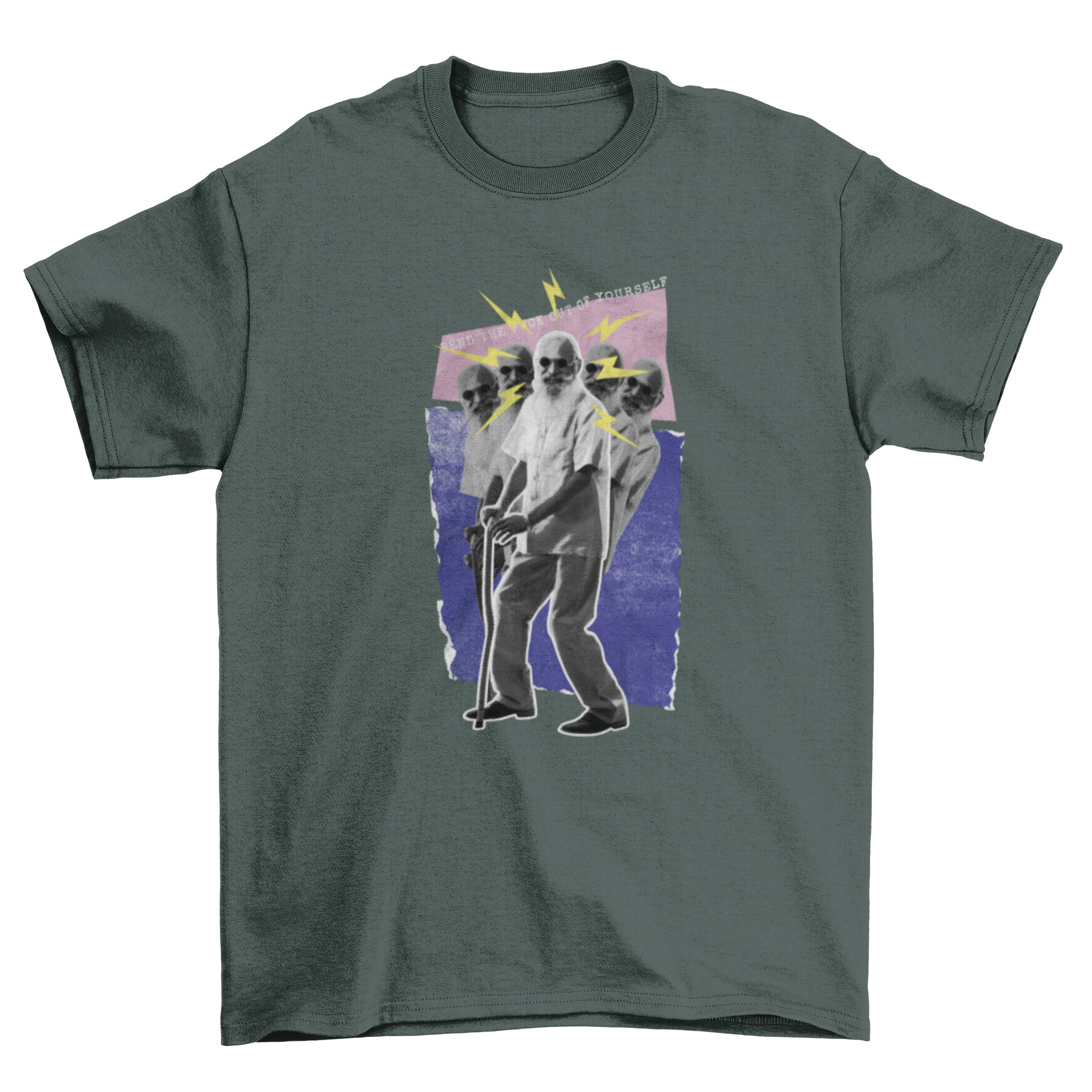 A fun t-shirt featuring an old man dancing with a cane and a humorous quote, perfect for casual wear.