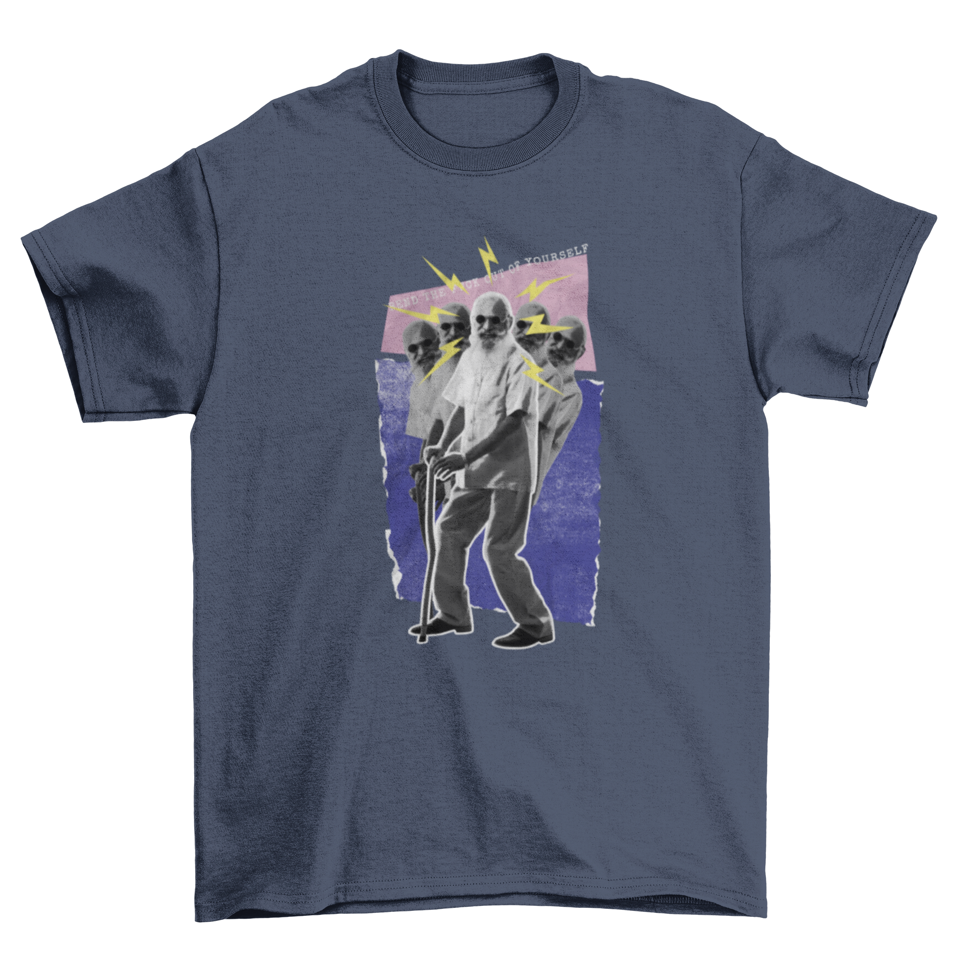 A fun t-shirt featuring an old man dancing with a cane and a humorous quote, perfect for casual wear.