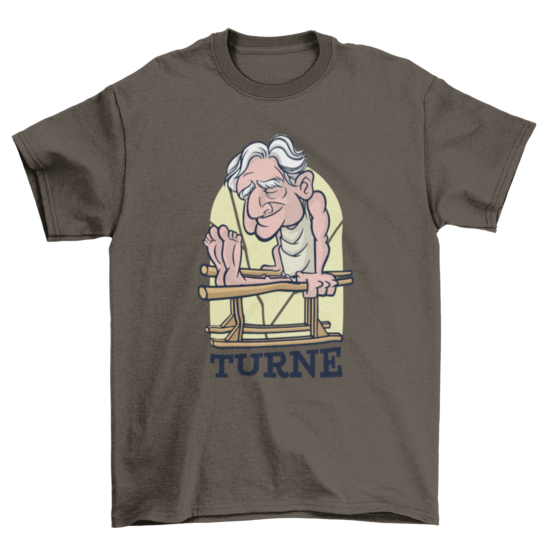 Old Man Gym T-Shirt featuring an illustration of an elderly man exercising with the caption 'Turne'.